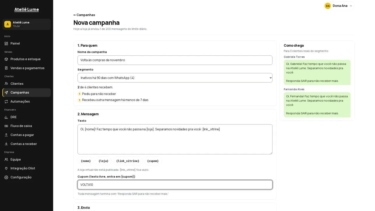 Nova campanha de WhatsApp para clientes inativos, com a prévia das mensagens