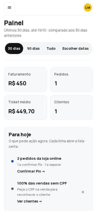 O painel no celular